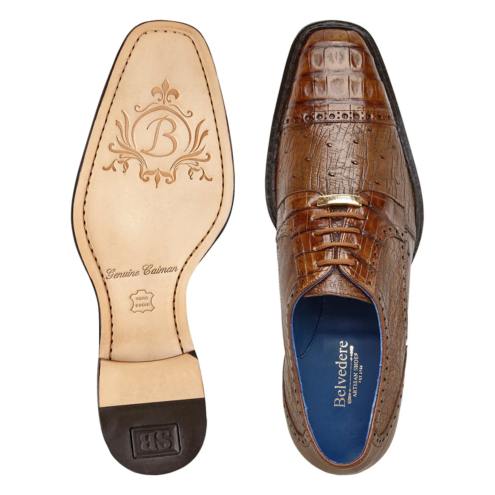 Men's Belvedere Martino Genuine Crocodile & Ostrich Quill Captoe Dress Shoe in Walnut Brown - Image 3