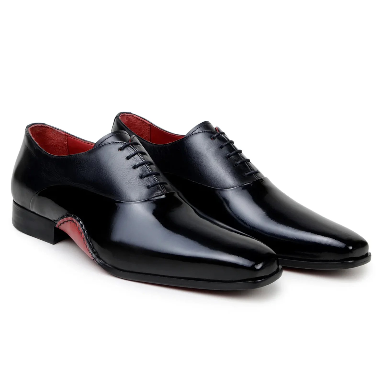 Men's Belvedere Nero Italian Calfskin Plaintoe Dress Shoe in Black & Red - Image 2