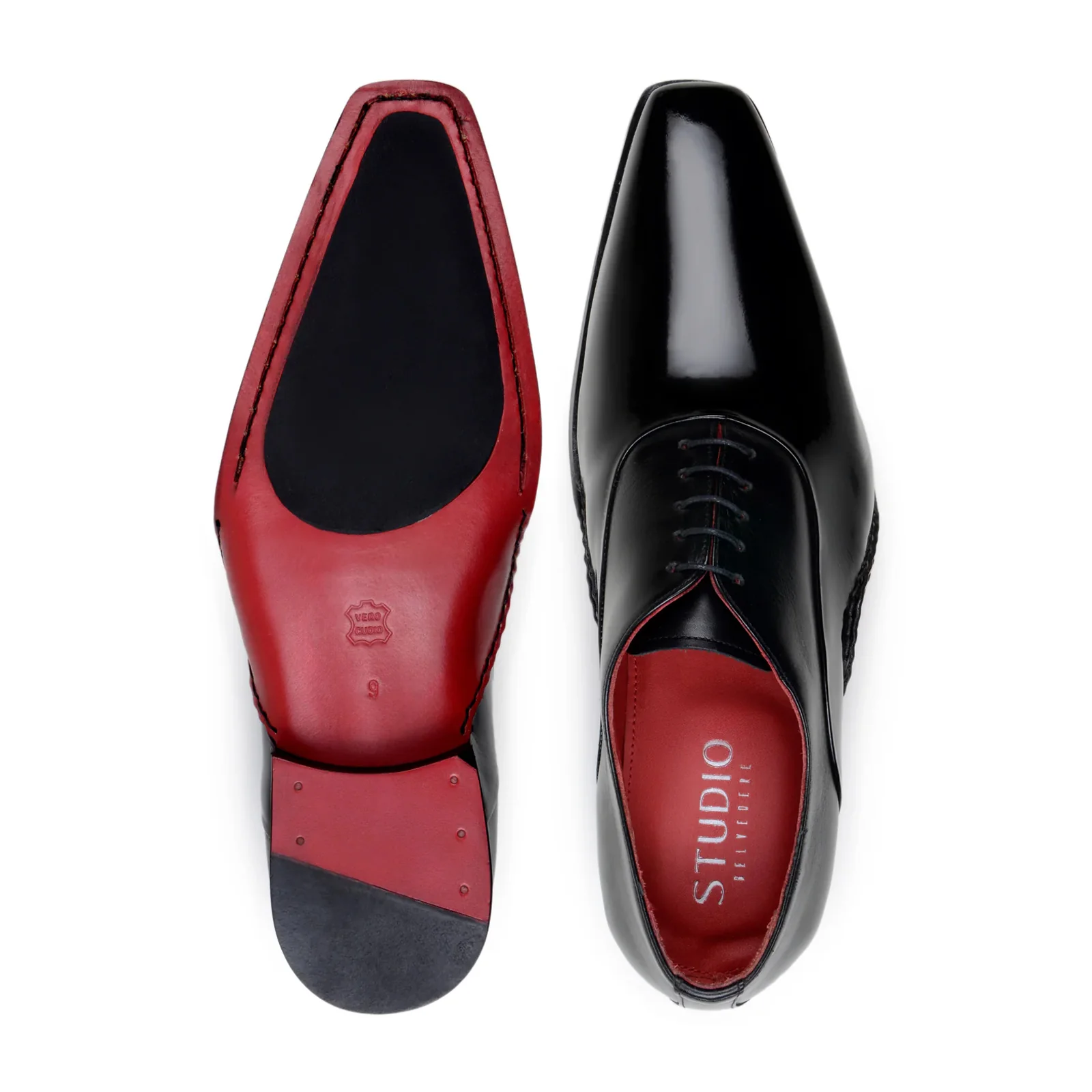 Men's Belvedere Nero Italian Calfskin Plaintoe Dress Shoe in Black & Red - Image 3