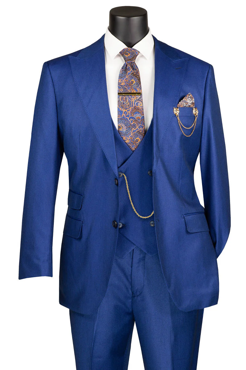 Men's Classic Fit Vested Fall Sharkskin Suit in Indigo Blue