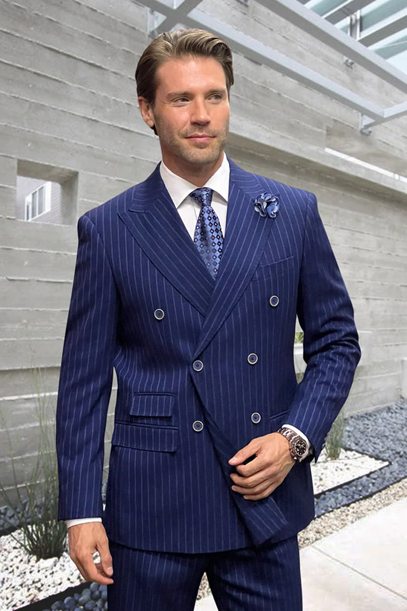 Men's Designer Classic Fit Double Breasted Wool Pinstripe Suit in Navy