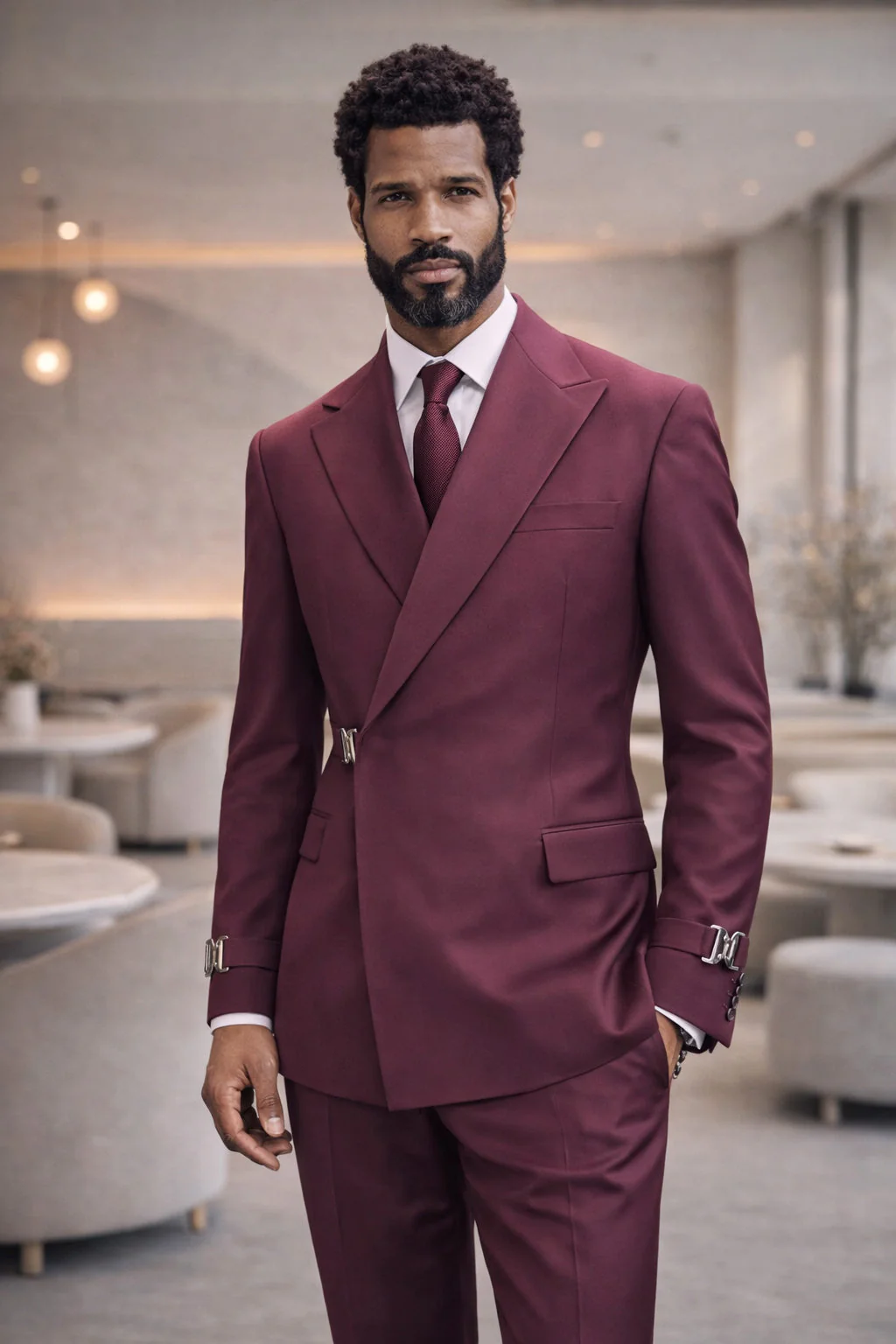 Men's Designer Double Breasted Wool Suit with Buckle Closure in Burgundy