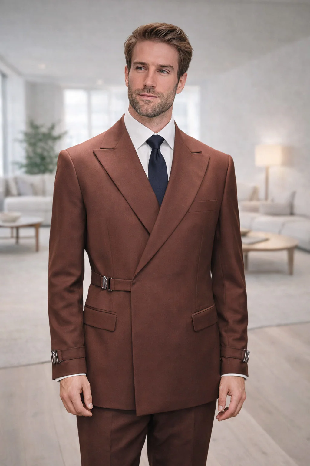 Men's Designer Double Breasted Wool Suit with Buckle Closure in Copper
