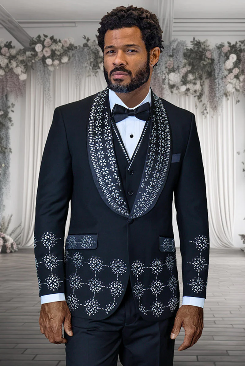 Men's Designer Floral Rhinestone Prom & Wedding Tuxedo in Black & White