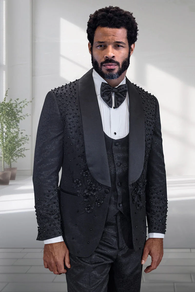 Men's Designer High Fashion Vested Studded Floral Paisley Prom & Wedding Tuxedo in Black