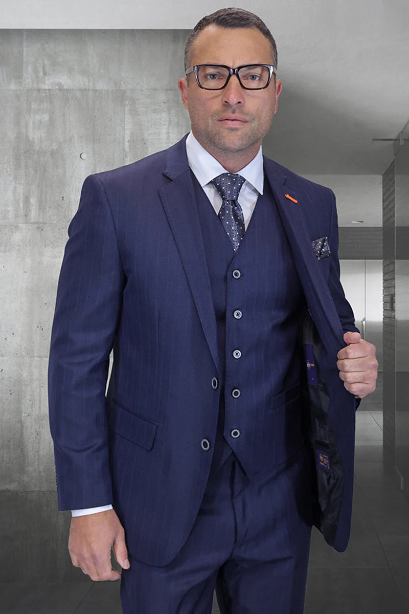 Men's Designer Modern Fit Vested Wool Suit in Navy Herringbone Shadow Pinstripe