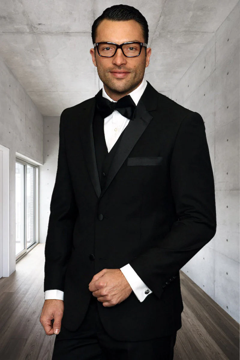 Men's Designer Modern Fit Vested Wool Wedding Tuxedo in Black