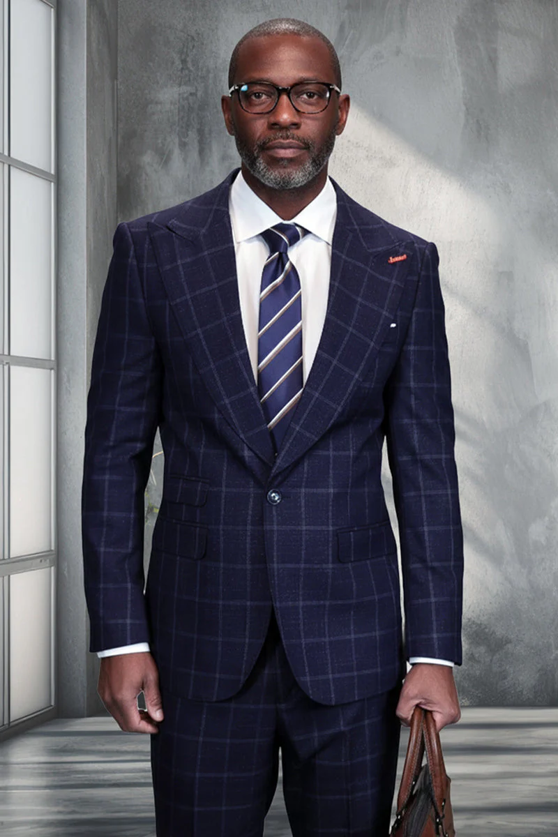 Men's Designer One Button Peak Lapel Wool Suit in Dark Blue Windowpane Plaid