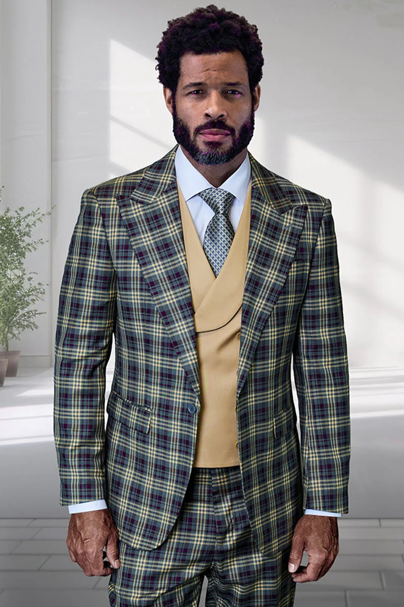 Men's Designer One Button Wool Suit in Eggplant Bold Plaid with Double Breasted Vest