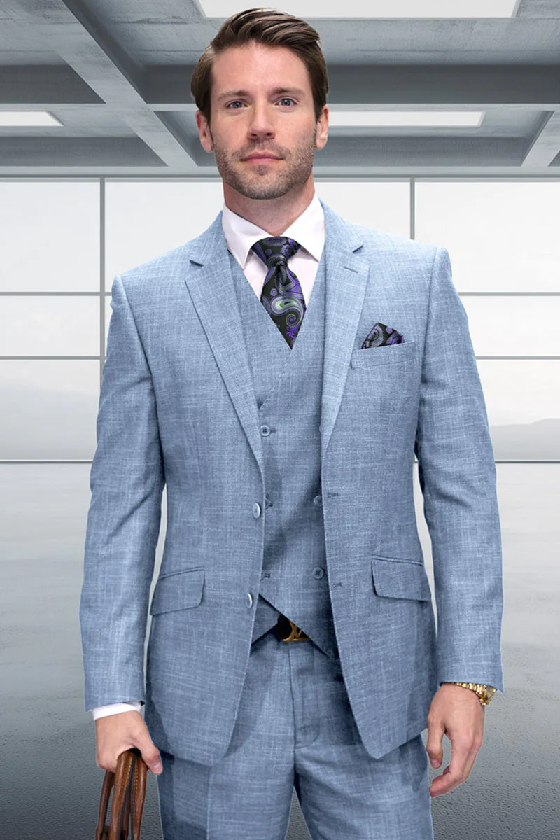 Men's Designer Summer Sharkskin Wool Suit with Double Breated Vest in Light Blue