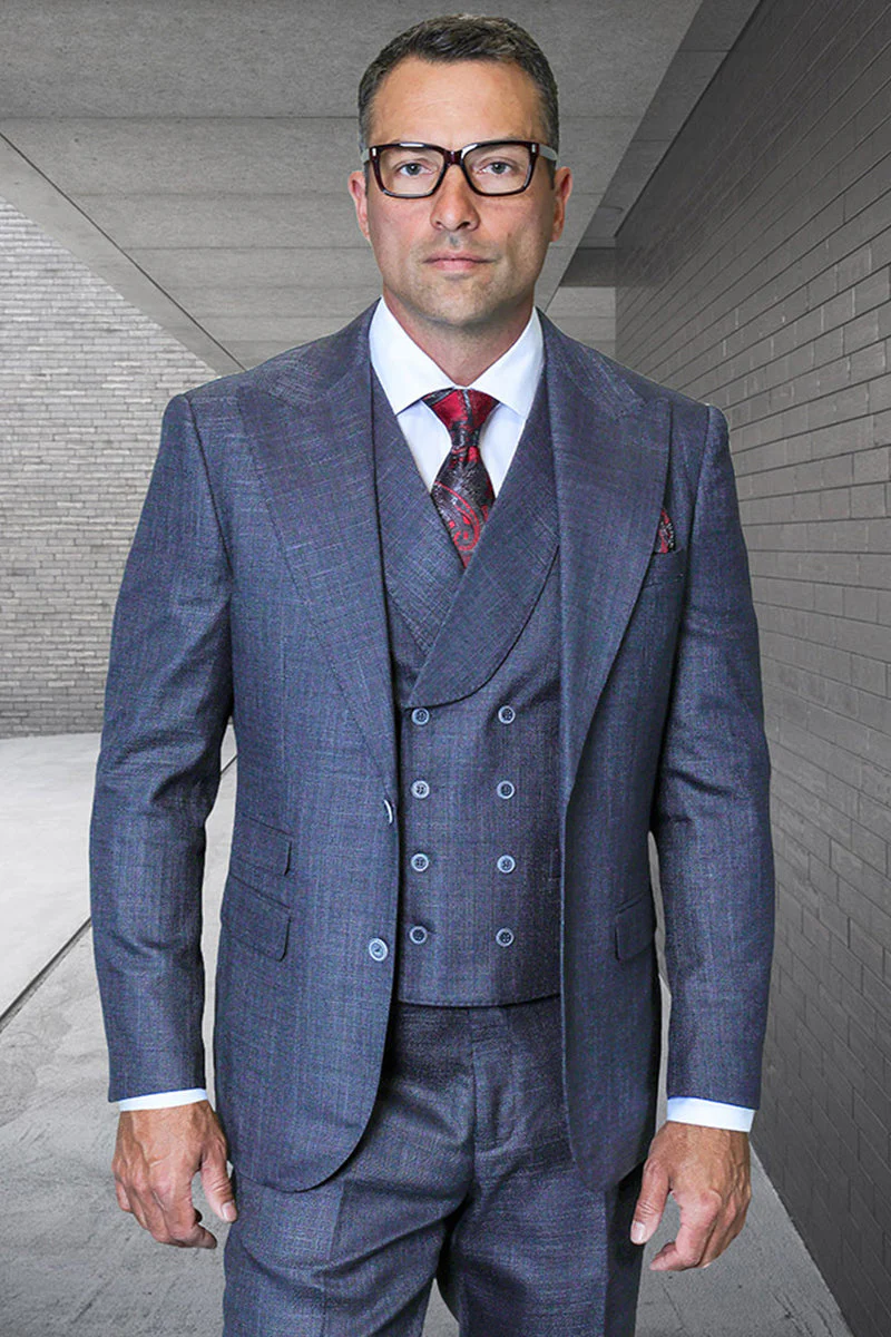 Men's Designer Two Button Wool Sharkskin Suit in Navy with Double Breasted Vest