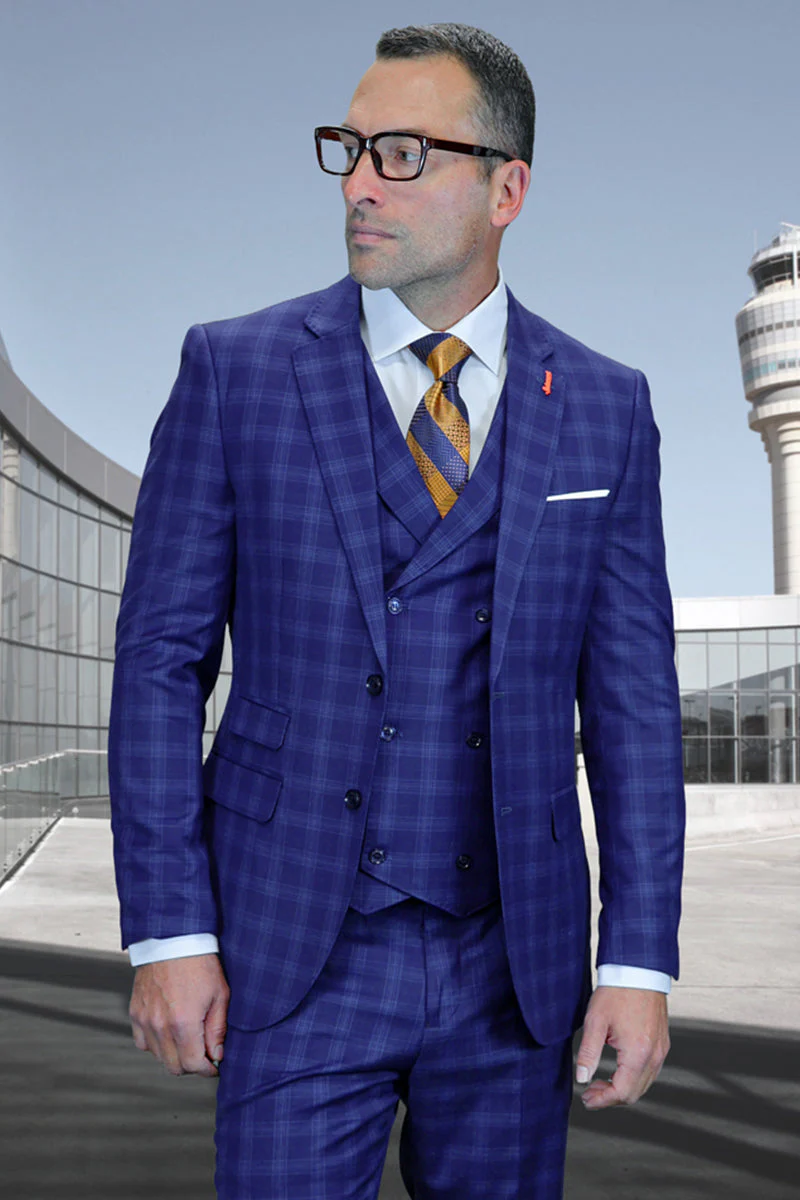 Men's Designer Two Button Wool Suit in Cobalt Glen Plaid with Double Breasted Vest