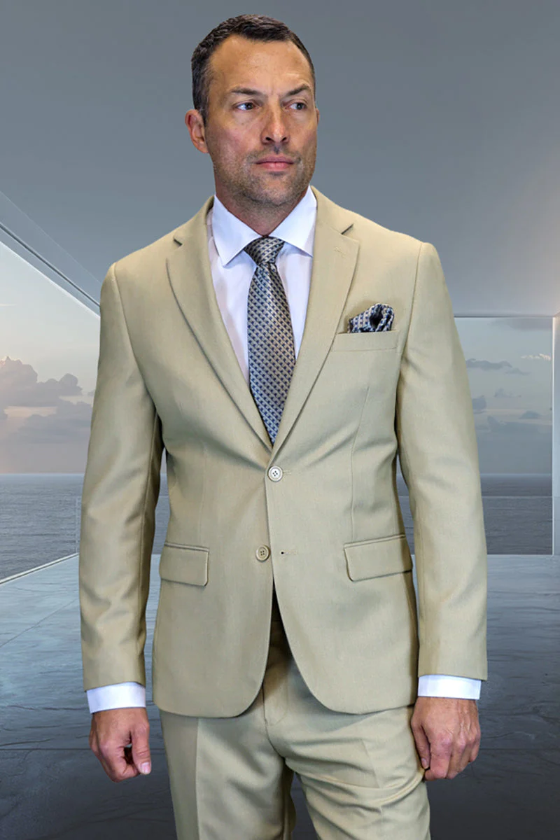 Men's Designer Two Piece Modern Fit Wool Suit in Beige