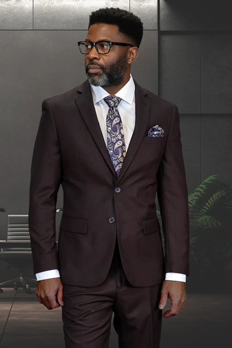 Men's Designer Two Piece Modern Fit Wool Suit in Brown