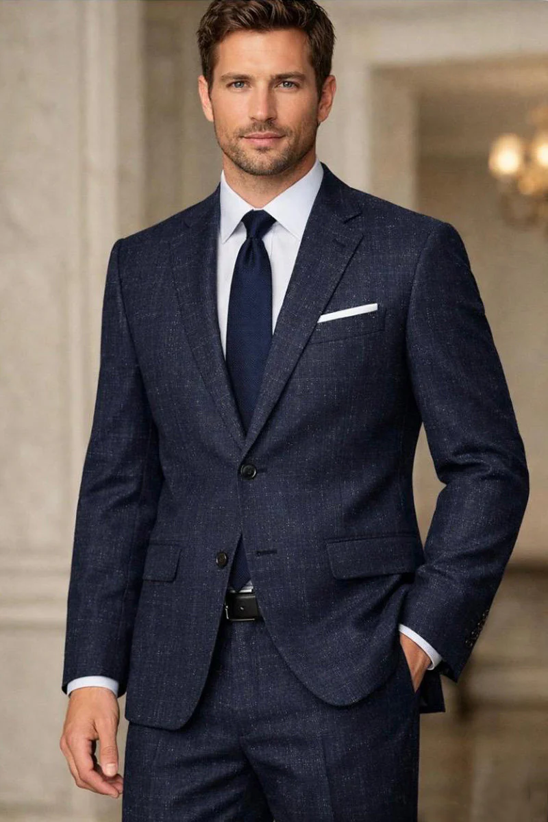 Men's Designer Two Piece Modern Fit Wool Suit in Navy Blue Sharkskin