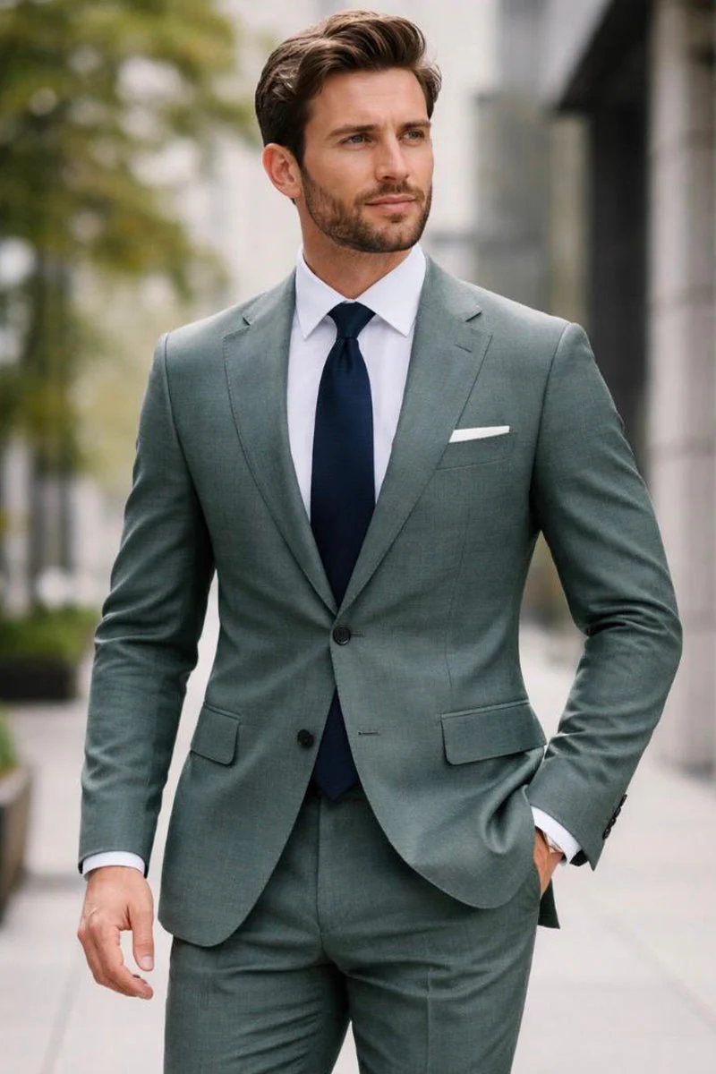 Men's Designer Two Piece Modern Fit Wool Suit in Sage Green