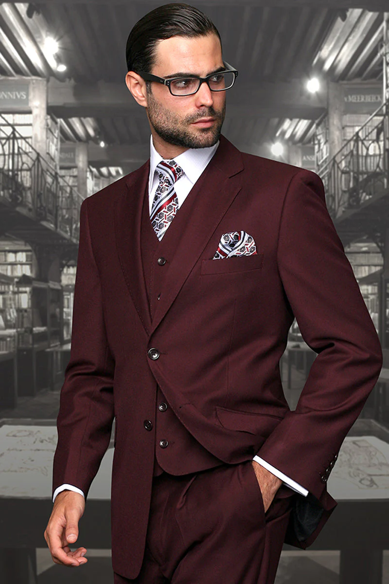 Men's Designer Vested Modern Fit Wool Wedding & Business Suit in Burgundy