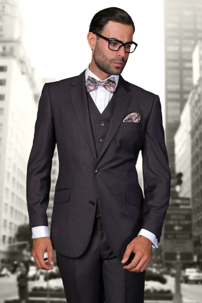 Men's Designer Vested Modern Fit Wool Wedding & Business Suit in Charcoal