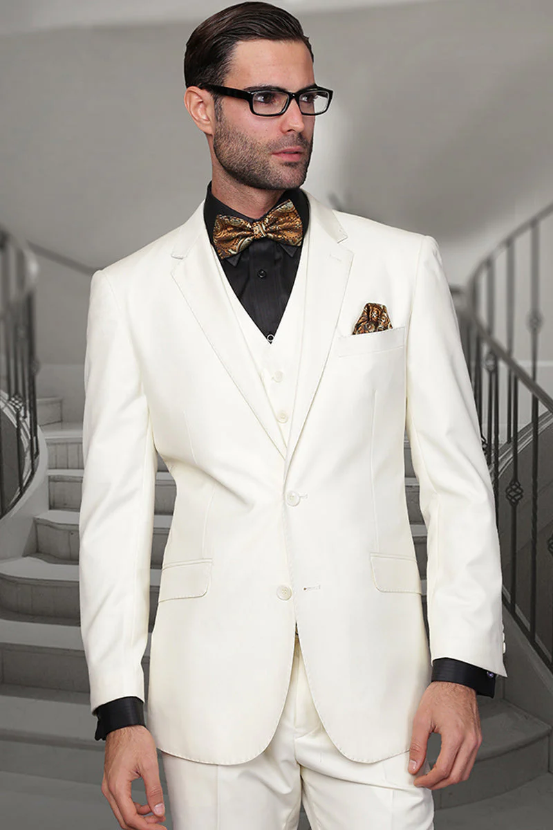 Men's Designer Vested Modern Fit Wool Wedding & Business Suit in Ivory Off White