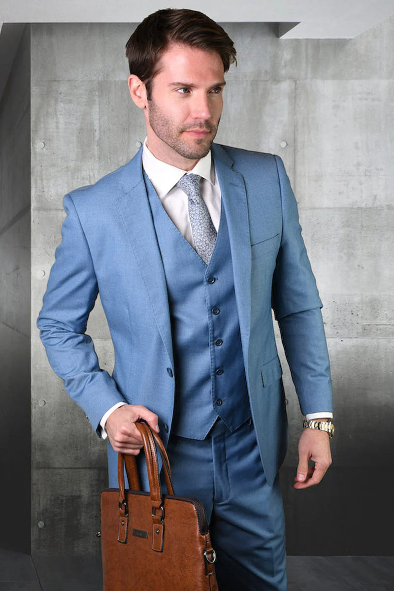 Men's Designer Vested Modern Fit Wool Wedding & Business Suit in Steel Blue