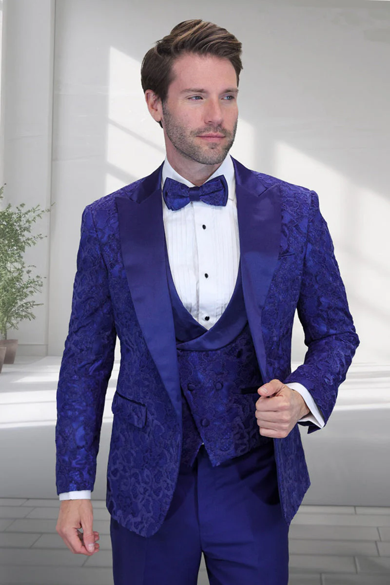 Men's Designer Vested Tonal Paisley Wedding & Prom Tuxedo in Sapphire Blue
