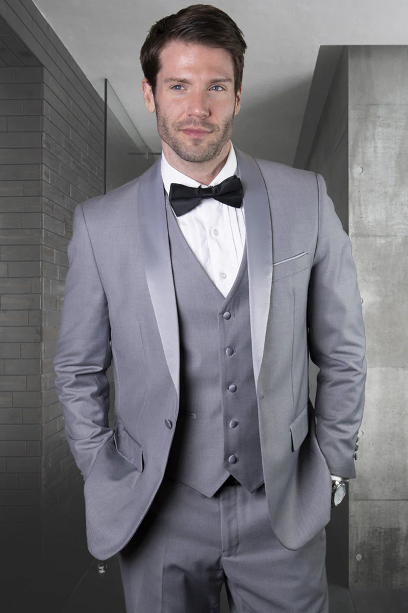 Men's Designer Wool One Button Shawl Lapel Wedding Tuxedo in Grey with Grey Lapel