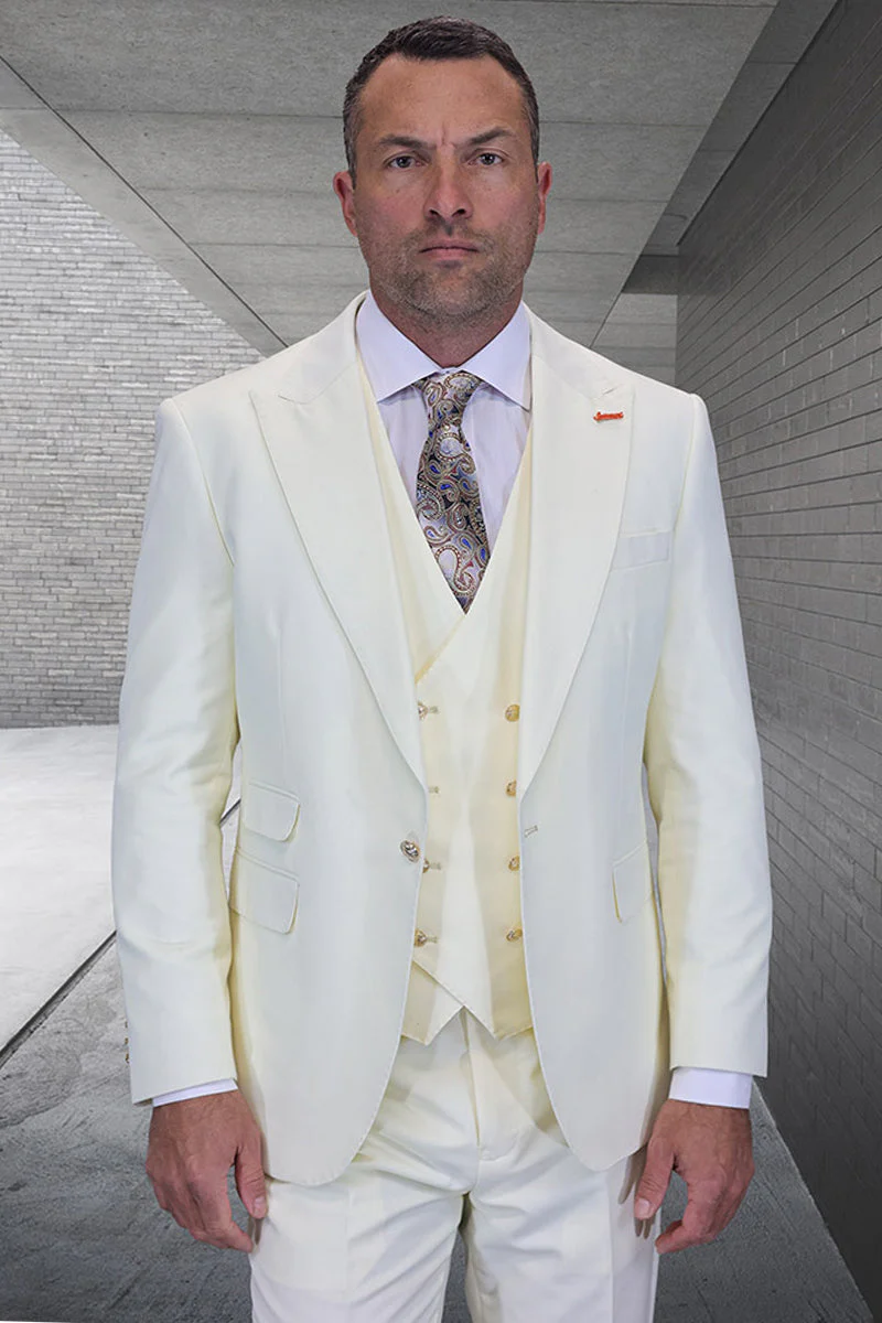 Men's Designer Wool Vested One Button Peak Lapel Suit in Off White Ivory with Gold Buttons