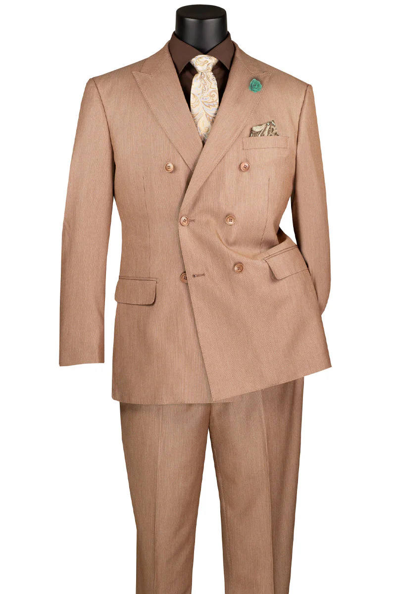 Men's Double Breasted Sharkskin Suit in Tan - Image 2