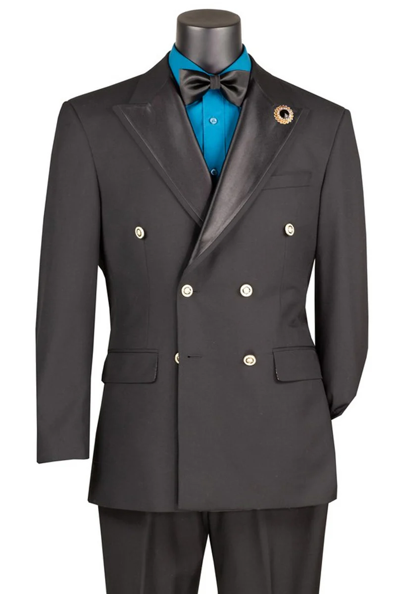 Men's Double Breasted Tuxedo Blazer with Metal Buttons in Black