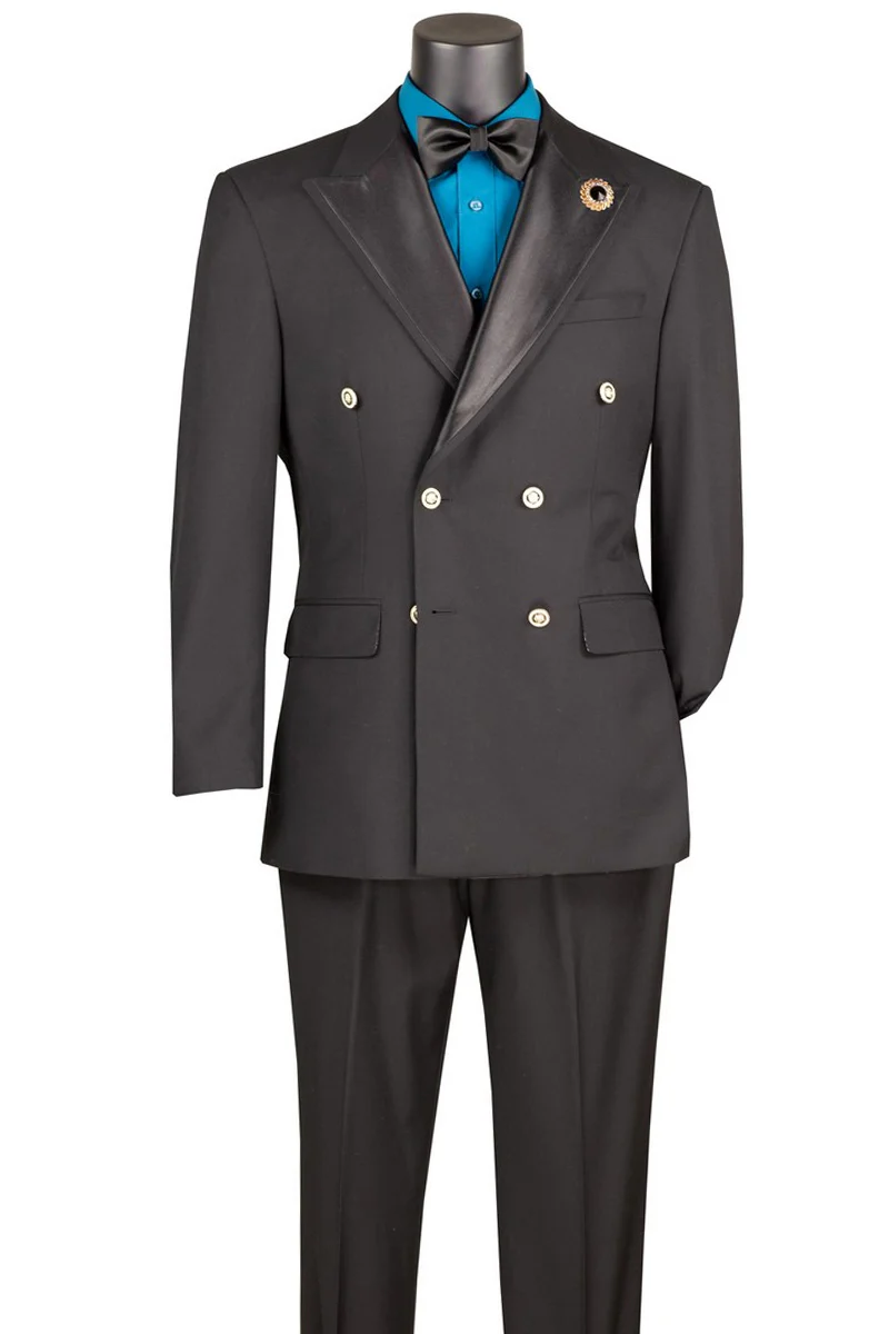 Men's Double Breasted Tuxedo Blazer with Metal Buttons in Black - Image 2
