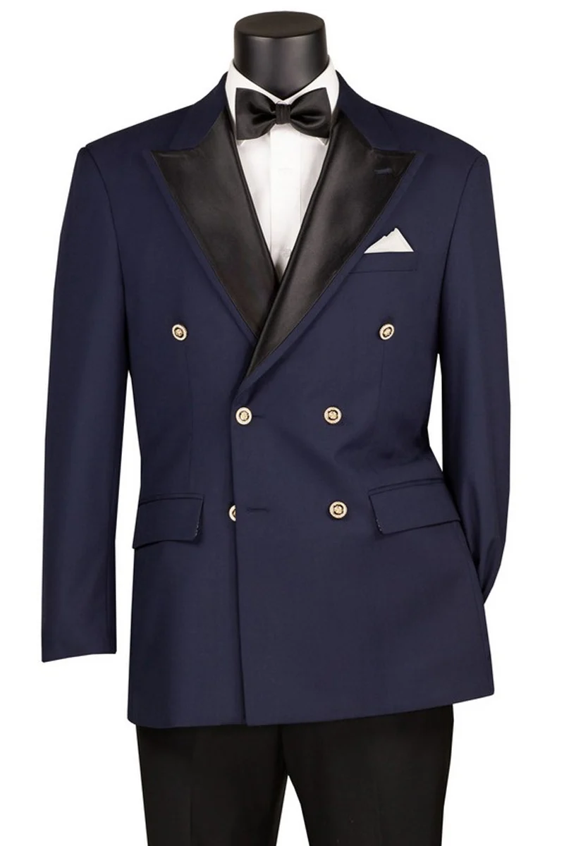Men's Double Breasted Tuxedo Blazer with Metal Buttons in Navy