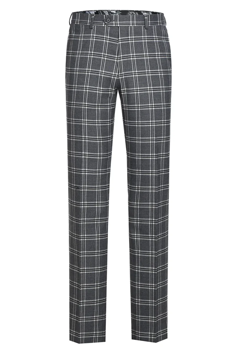 Mens Designer Slim Fit Peak Lapel Suit in Grey Windowpane Plaid - Image 2