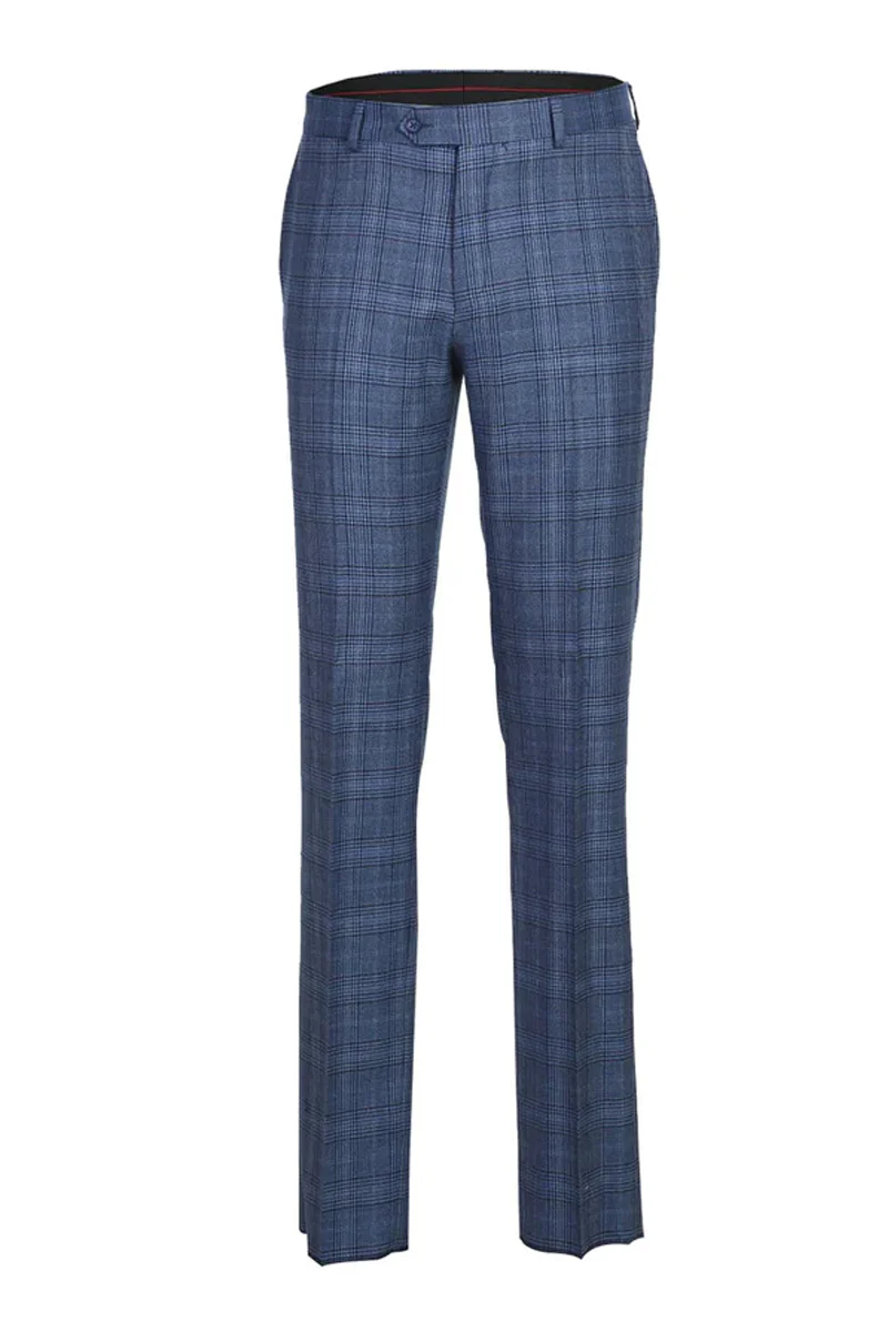 Mens Designer Two Button Slim Fit Notch Lapel Wool Suit in Denim Blue Windowpane Plaid - Image 2
