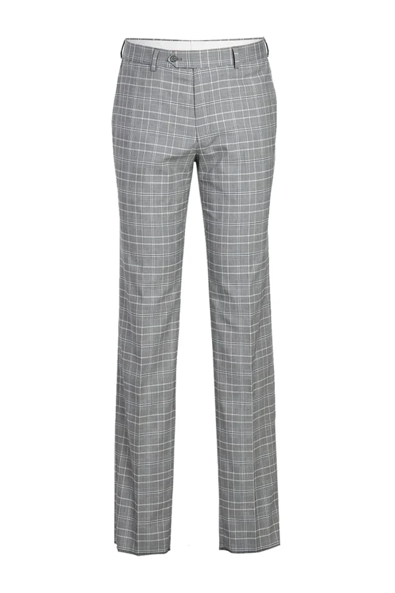 Mens Designer Two Button Slim Fit Peak Lapel Suit in Light Grey Smoke Windowpane Plaid - Image 2