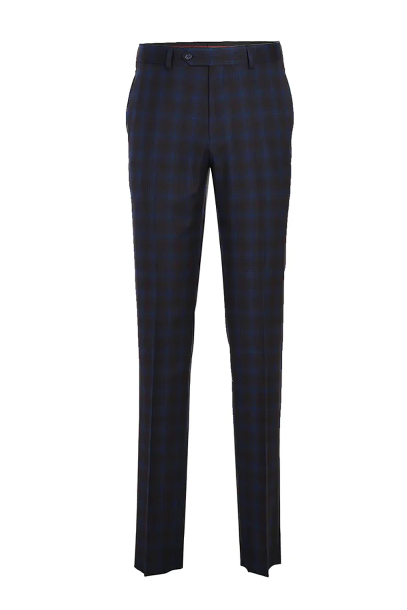 Mens Designer Two Button Slim Fit Peak Lapel Suit in Navy Blue & Burgundy Windowpane Plaid Check - Image 2