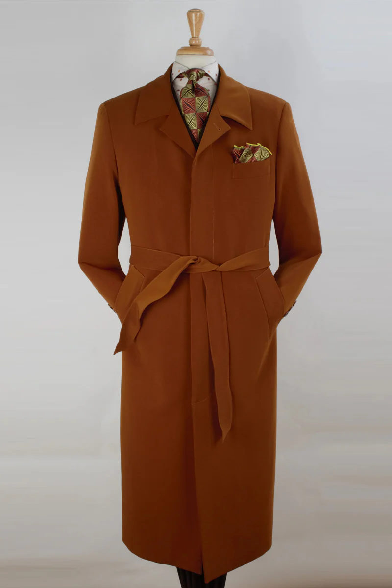 Mens Full Length Long Belted Overcoat in Copper