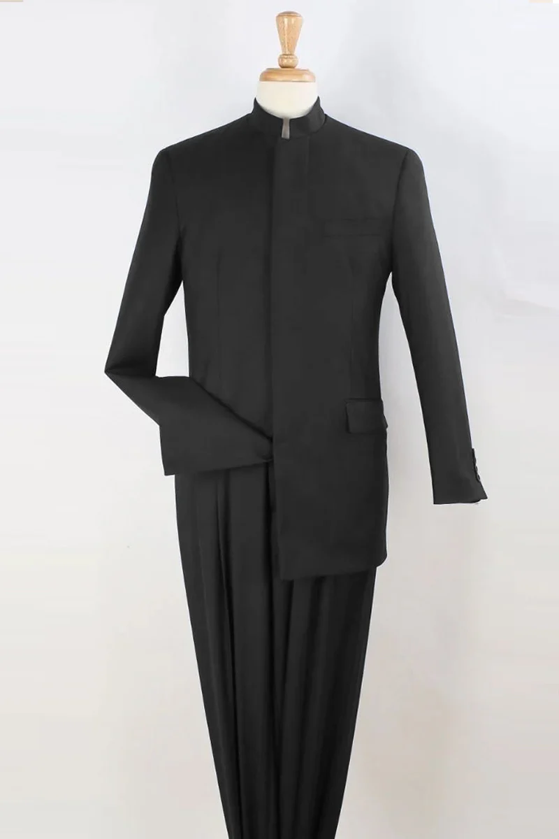 Mens Mandarin Banded Collar French Front Suit in Black
