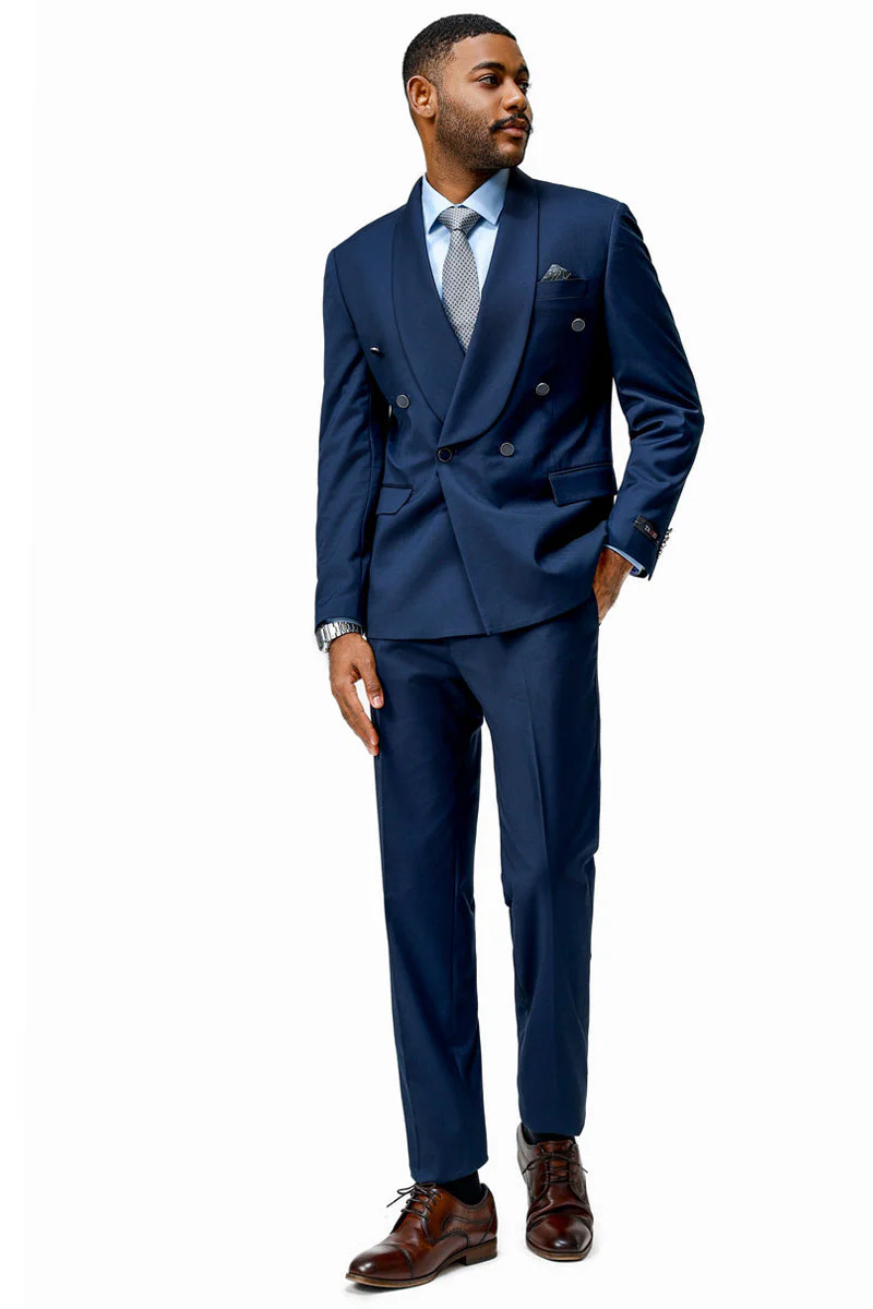 Men's Modern Fit Double Breasted Shawl Lapel Suit in Navy - Image 2