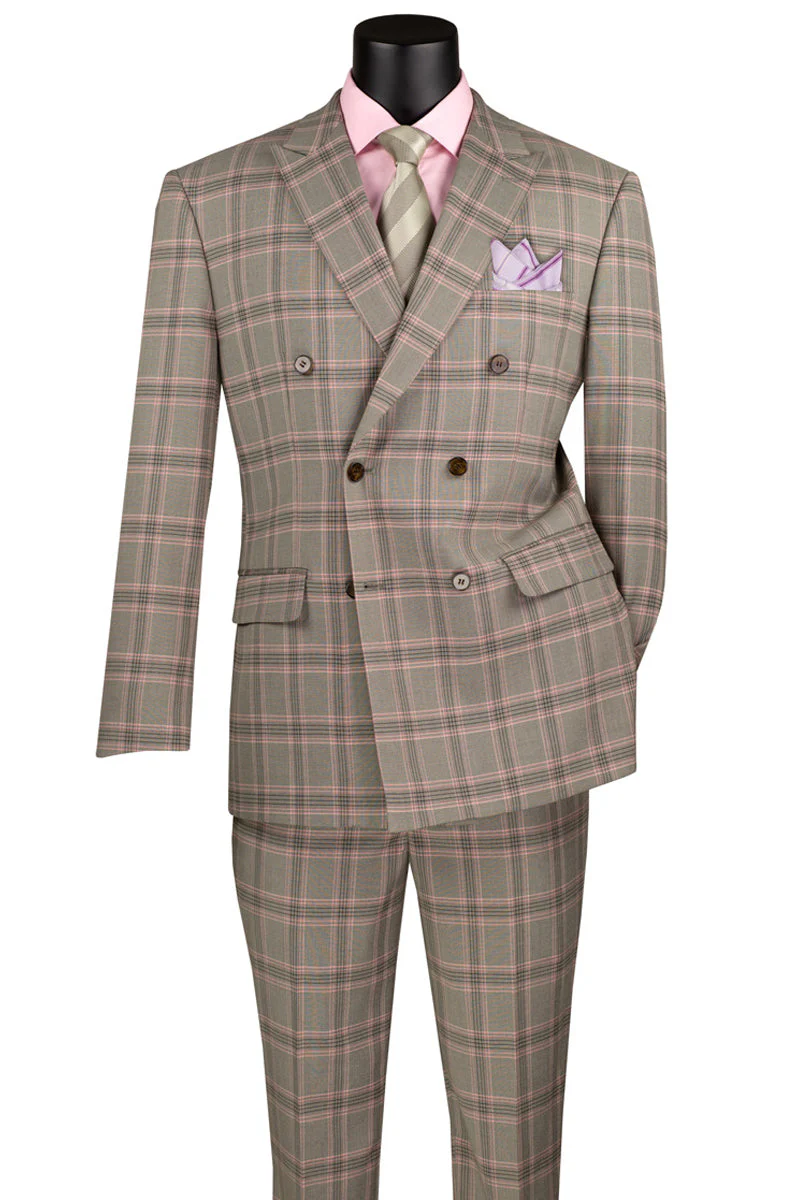 Men's Modern Fit Double Breasted Stretch Suit in Light Taupe Glen Plaid - Image 2