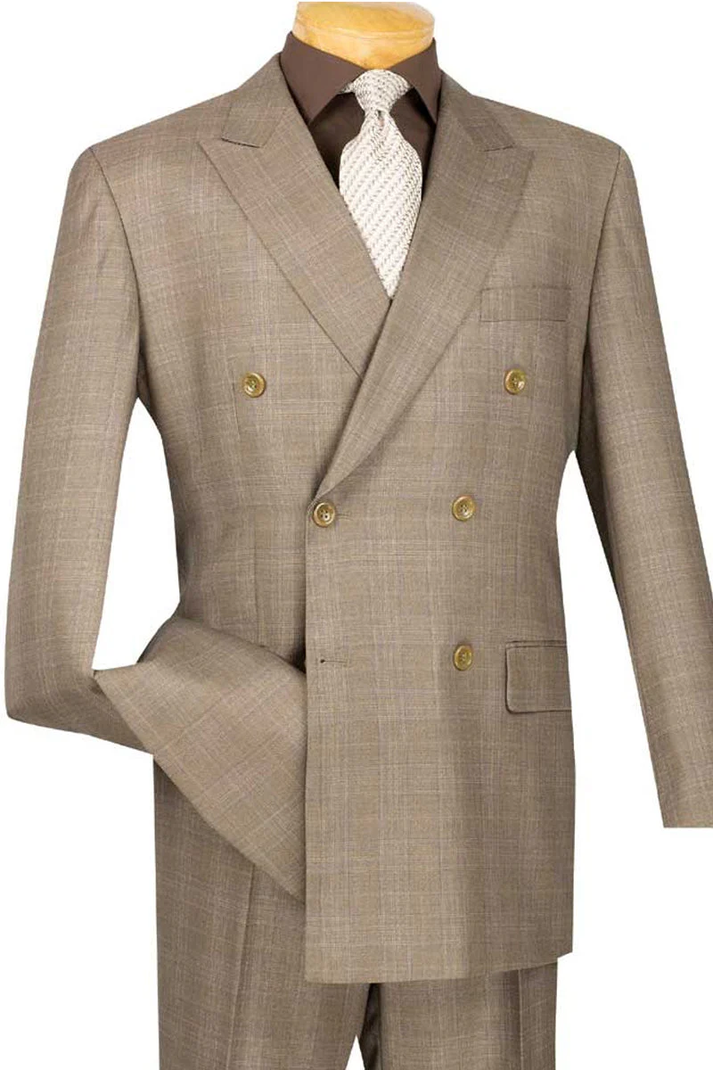 Men's Modern Fit Double Breasted Suit in Tan Glen Plaid
