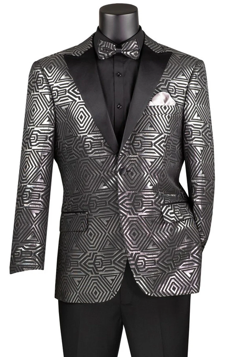 Men's Modern Fit Peak Lapel Tuxedo Jacket in Silver Geometric Print