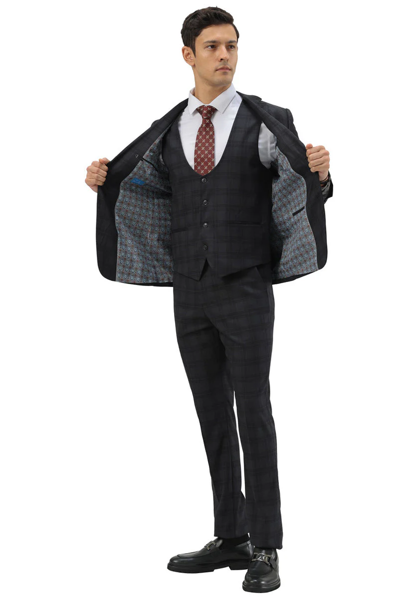 Men's Modern Fit Two Button Suit with Scoop Vest in Black Windowpane Plaid - Image 3