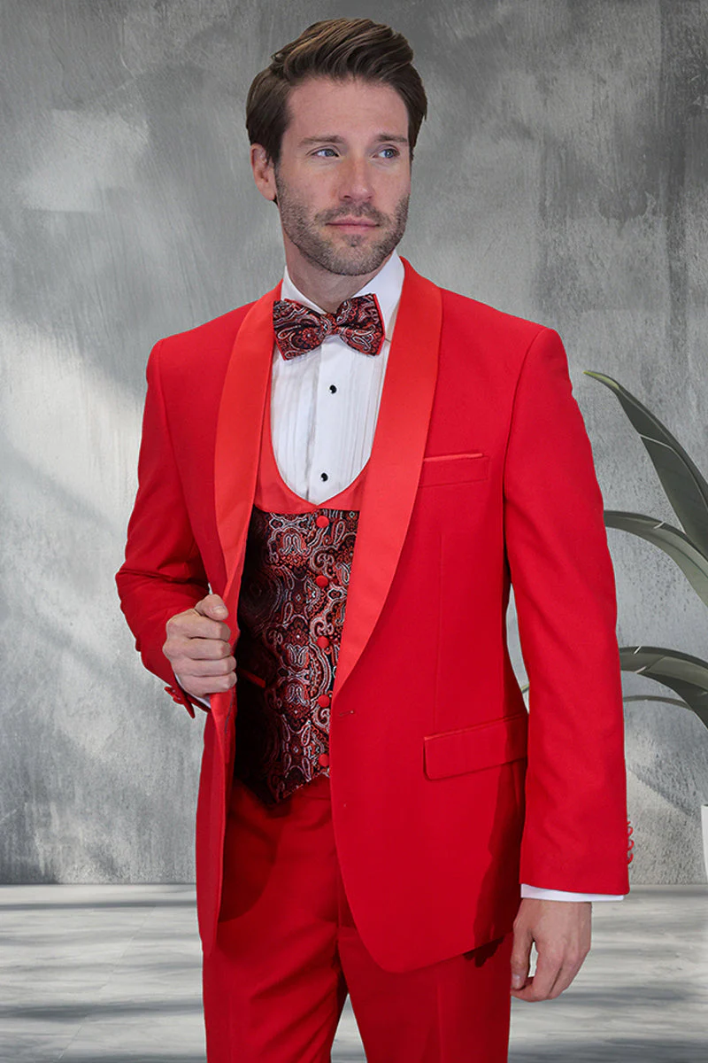 Men's Modern Fit Wedding & Prom Shawl Tuxedo with Matching Paisley Vest Set in Red