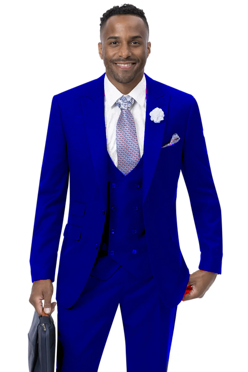 Mens Modern Two Button Vested Peak Lapel Suit with Double Breasted Vest in Midnight Blue