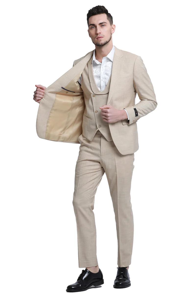 Men's One Button Double Breasted Vest Slim Fit Sharkskin Wedding Suit in Khaki - Image 2