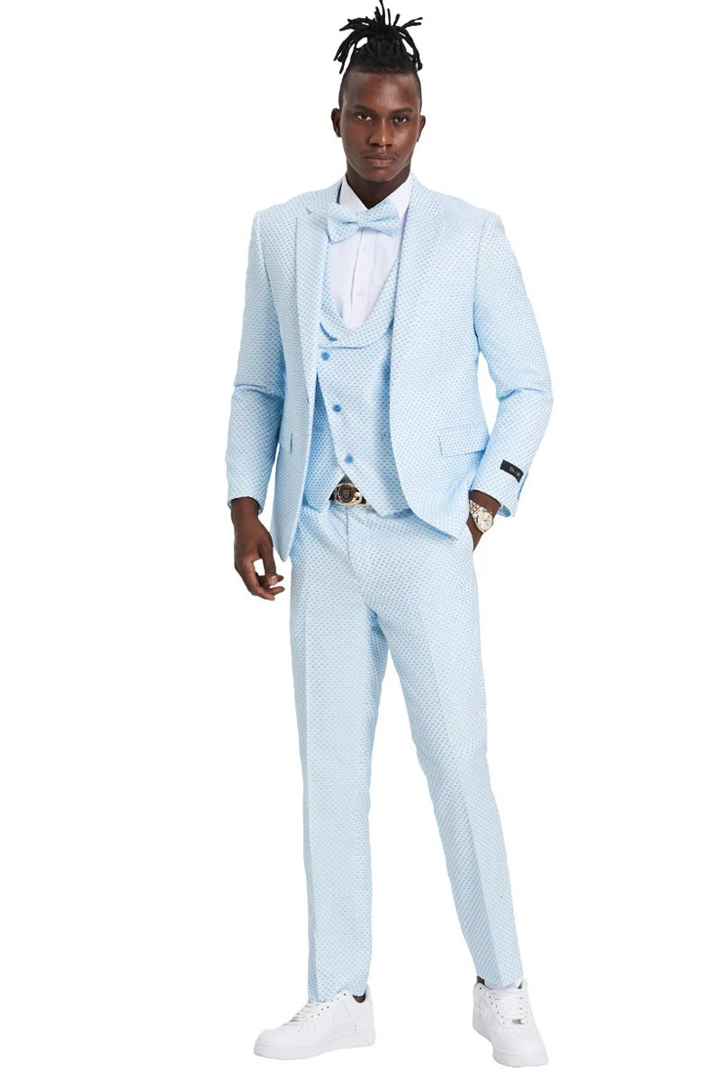Men's One Button Double Brested Vest Notch Lapel Prom & Wedding Suit in Sky Bue Polka Dot - Image 2