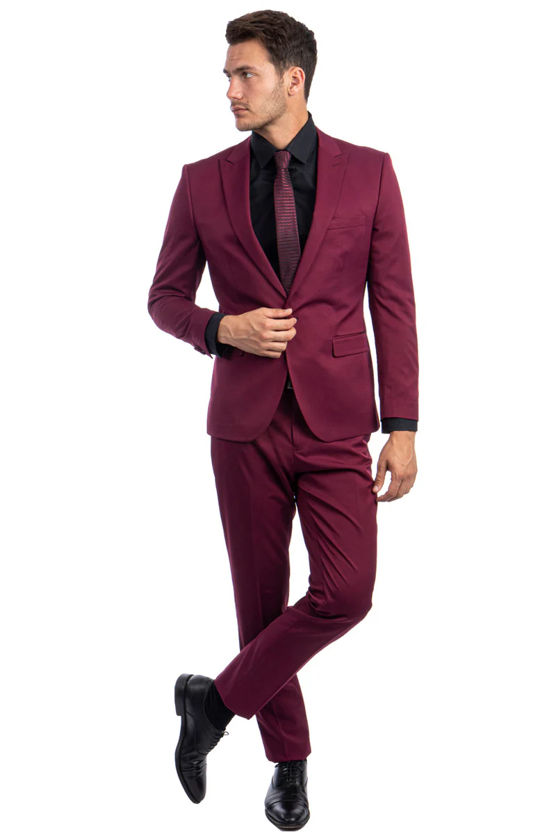 Men's One Button Peak Lapel Basic Slim Fit Suit in Burgundy - Image 2