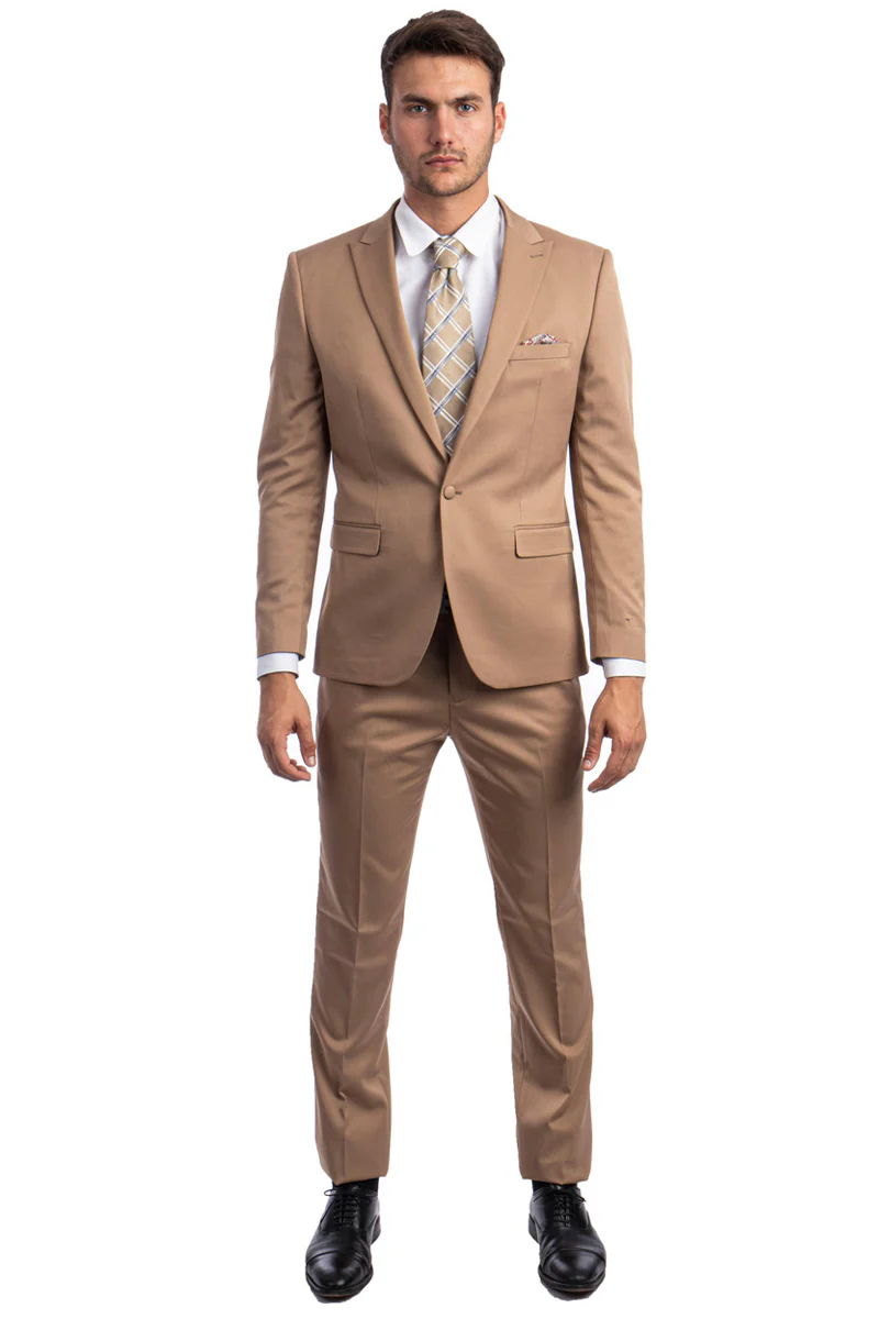 Men's One Button Peak Lapel Basic Slim Fit Suit in Dark Taupe - Image 2