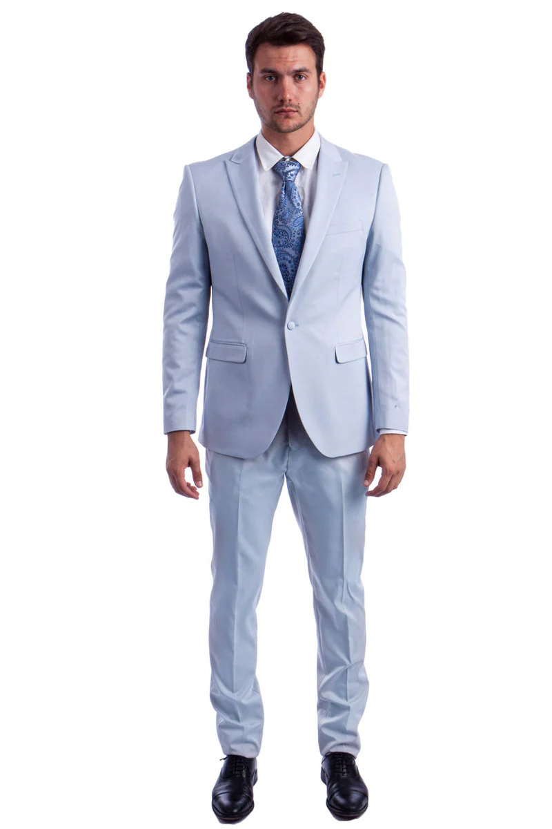 Men's One Button Peak Lapel Basic Slim Fit Suit in Light Blue - Image 2