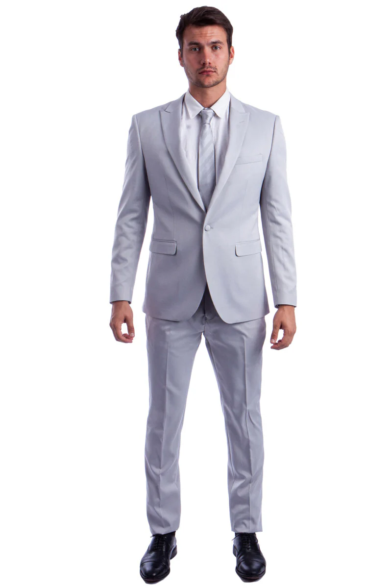 Men's One Button Peak Lapel Basic Slim Fit Suit in Light Grey - Image 2